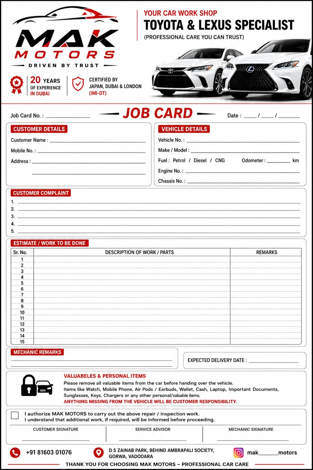 MAK Motors job card used to track every vehicle in for service